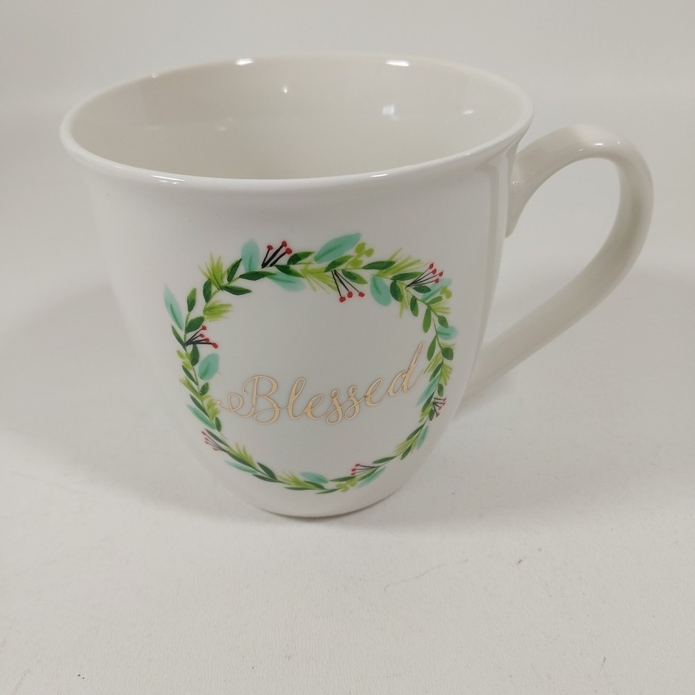 Holiday Style Blessed Ceramic Mug‎ 22oz White Green Wreath Coffee Tea